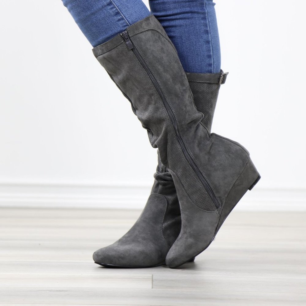 Grey Faux Suede Round Toe Low Kitten Wedge Heel Mid Calf Boots - Picture 8 of 12